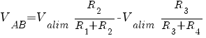 V_{AB}=V_{alim}~{R_2}/{R_1+R_2}-V_{alim}~{R_3}/{R_3+R_4}